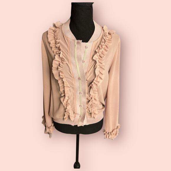 Blush Pink Ruffle Cardigan Small Coquette Angelcore Button Up Long Sleeve - Picture 2 of 5